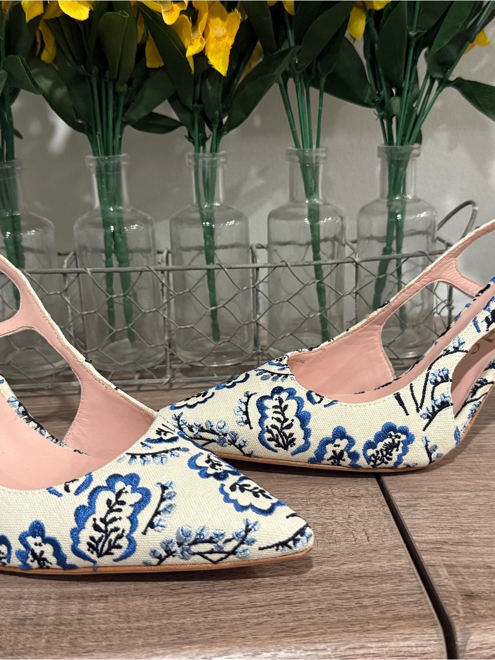 kate spade Blue and Cream Floral Pointed-Toe Slingback Pumps